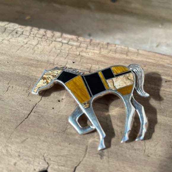 Zuni Inlay Horse Pin Brooch Tiger Eye, Onyx, Jasper, Sterling Silver - Picture 8 of 13